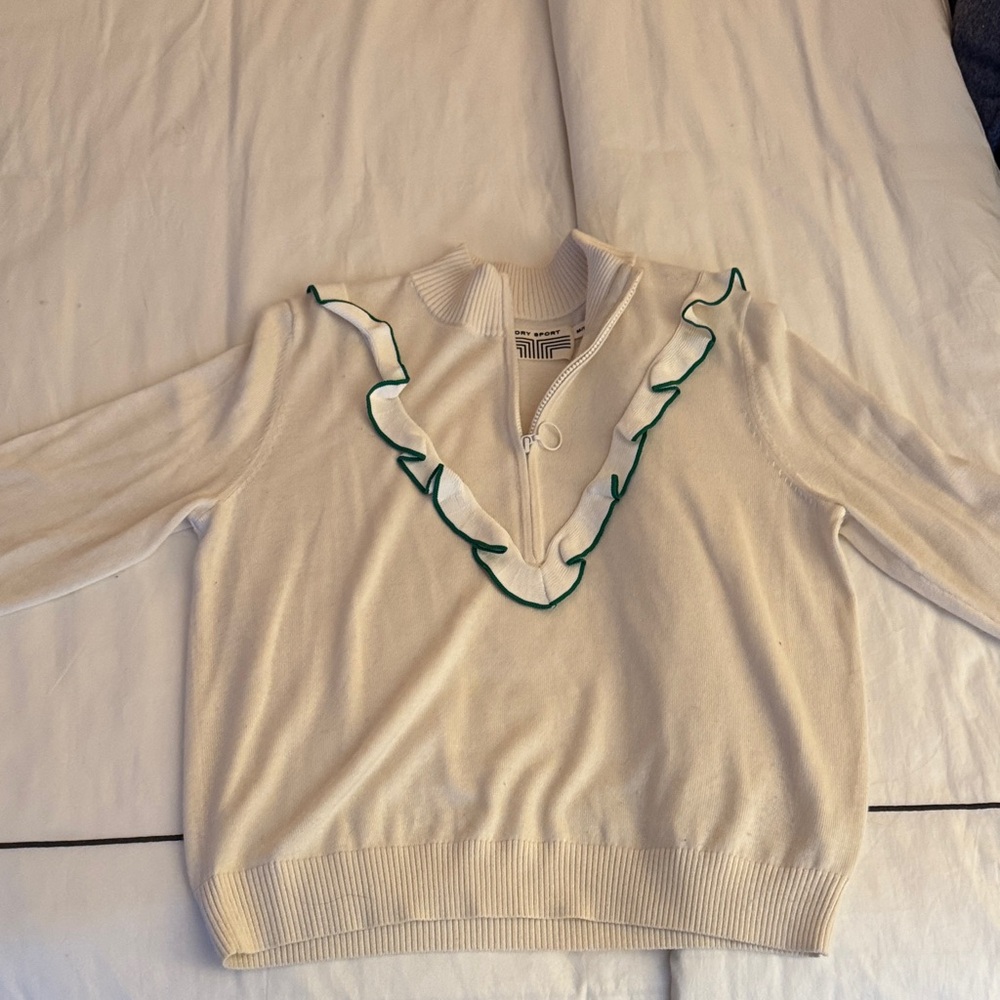 Tory Burch Cream V-Neck Sweater with Green Trim